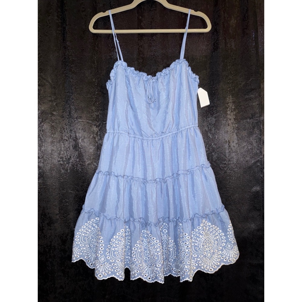 Lily Rose Womens Blue Tiered Mini Dress Eyelet Lace Hem Ruffle Neck Size L NWT